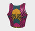 Vibrant Y2K maximalist crop top featuring bold pink tiger faces, tropical leaves, and geometric patterns in bright magenta, yellow, teal, and black colors. Perfect festival rave wear, alternative fashion, and retro summer styling for women who love aesthetic streetwear and unique animal print outfits