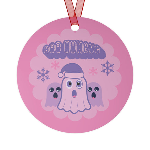 Round pastel purple metal Christmas ornament featuring kawaii ghost in Santa hat with two smaller ghost friends and snowflakes. Text reads "Boo Humbug" in bubble letters.
