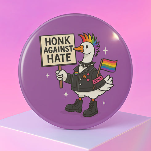 Purple pinback button featuring cartoon goose with rainbow mohawk wearing black military-style jacket with resistance patches and combat boots, holding "Honk Against Hate" protest sign and rainbow pride flag, set against purple background with stars, designed for activism and LGBTQ solidarity support