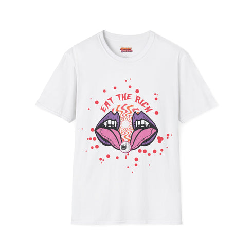 Black t-shirt featuring a surreal, psychedelic design centered on the chest. An open mouth with sharp vampire-like teeth and pink tongue dominates the image. Between the teeth, a hypnotic swirling pattern in rainbow colors leads to a single eyeball on the tongue. "EAT THE RICH" is written in white above the mouth. Red paint-like splatters surround the entire design, giving it a grungy, punk aesthetic. The shirt is from the "Honey Dazed" brand.