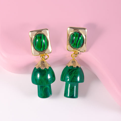 Luxurious earrings featuring gold rectangular studs with oval malachite stones, dangling vibrant green mushroom-shaped malachite charms, perfect for cottagecore aesthetics.