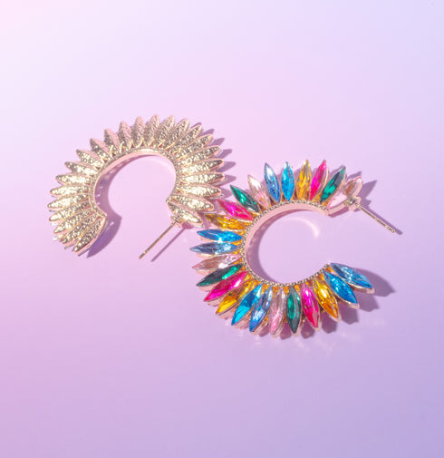 Rainbow Rhinestone Crescent Hoops