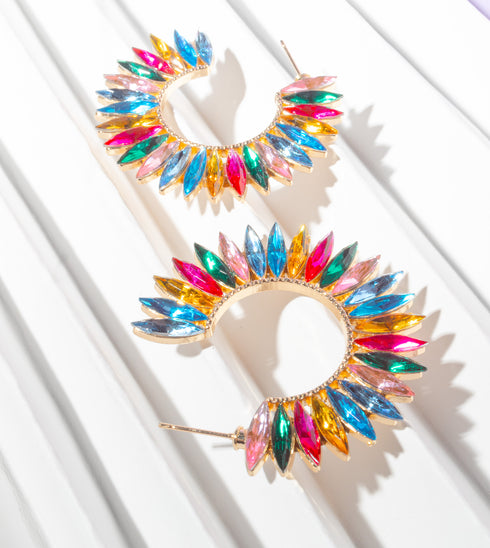 Rainbow Rhinestone Crescent Hoops