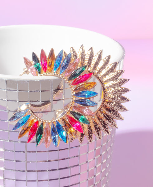 Rainbow Rhinestone Crescent Hoops