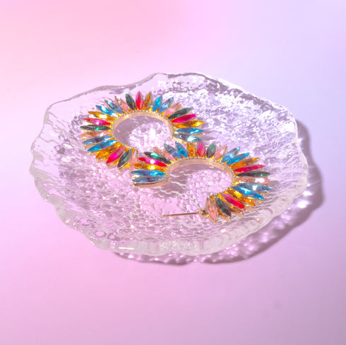 Rainbow Rhinestone Crescent Hoops