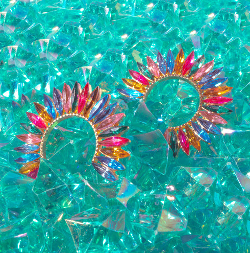 Rainbow Rhinestone Crescent Hoops