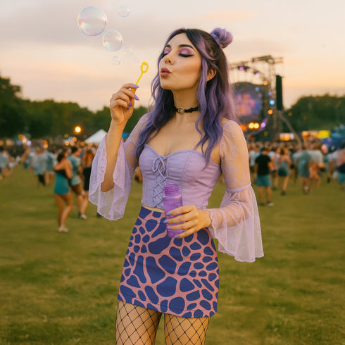 Bold high-waisted mini skirt with abstract blue giraffe spots on a pink background, perfect for festival fits and alt style lovers. Available in metallic or performance knit finishes. Sizes XS to XL.