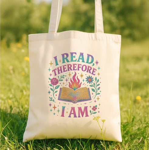 A white tote bag with a colorful graphic design and text printed on it, placed on a grassy field.