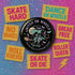 a collection of stickers and a round sticker with a witch riding a skateboard, all set against a glittery purple background.