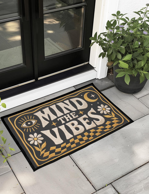A rectangular floor mat with a dark charcoal black background. The center features the phrase 'MIND THE VIBES' in stylized, wavy cream and golden-mustard retro typography. The text is surrounded by symmetrical motifs: a golden evil eye with sun rays on the top left, a golden crescent moon with a four-point star on the top right, and two cream daisy flowers with golden stems at the bottom corners. The bottom edge has a wavy golden checkerboard pattern. A faux-stitch border frames the art.