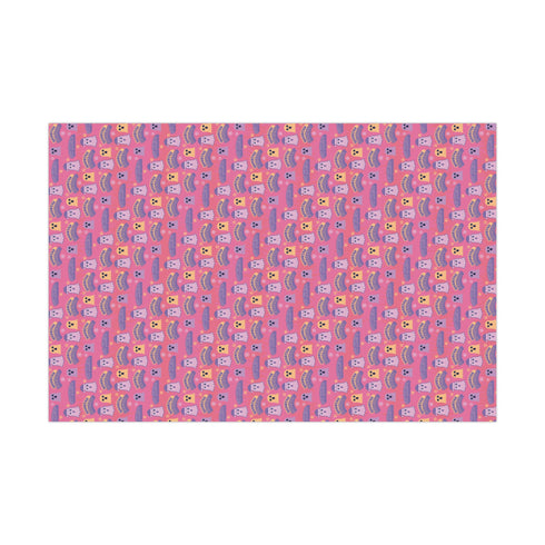 Bright pink christmas wrapping paper covered in cute ghost characters wearing Santa hats, with "Haunted Holiday" and "Boo Humbug" text, and snowflake accents.