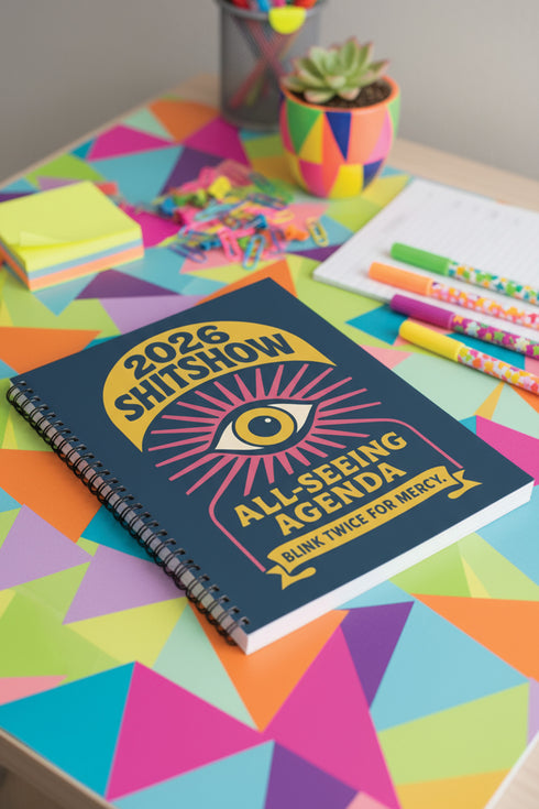A hardcover spiral planner for 2026 with a dark blue cover and retro 70s style graphics. The title reads "2026 SHITSHOW All-Seeing Agenda" in bold yellow and pink text. Below the title is a large, stylized all-seeing eye with pink rays emanating from it. At the bottom, a pink ribbon contains the text "BLINK TWICE FOR MERCY." The back cover is also dark blue with a yellow sun graphic and the text "Plans bloom. Deadlines hum. I write, I wander, then get it done. Keep receipts. Keep grace.