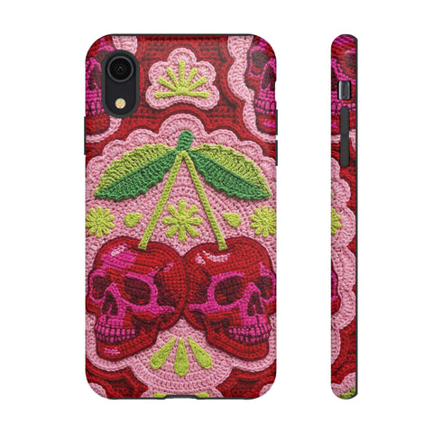 Faux Crochet Cherry Skull Phone Case | Pastel Goth Macabre Matte Cover