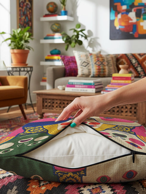 A square decorative pillow cover featuring a faux embroidery pattern of five stylized, expressive doll faces. The central face has yellow hair and pink cheeks. It is surrounded by four other faces in shades of pale beige, green, and bright pink, all with wide staring eyes and open mouths. The design uses intricate, colorful line work to create the illusion of thick woven stitching, but the fabric is a smooth print. Medallions fill the gaps.