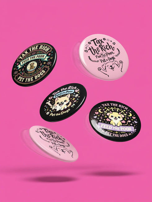 A collection of four retro-style 1.75 inch pinback buttons featuring the text "Tax the Rich" and "Pet the Dogs." Designs include: 1) A black pin with a crystal ball and gold filigree, 2) A pink pin with floral accents and a happy dog, 3) A black pin with a spooky chihuahua holding a bone, and 4) A black pin with a cute devil-horned puppy and lavender banner. High-gloss finish with psychedelic 70s typography. Perfect for battle vests or backpacks. Funny anti-capitalist dog lover gift.