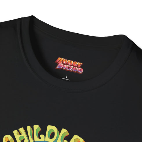 An election 2024 t-shirt with a colorful retro-style graphic that reads "Childless Cat Lady" across the chest. The text is in a playful, curvy font with each word in a different color - "Childless" in yellow-green, "Cat" in pink, and "Lady" in purple. Small cat face icons are incorporated into the letters 'a' in "Cat" and "Lady".