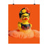 A vibrant fine art print of a rubber duck inspired by Frida Kahlo, complete with bold unibrow, floral crown, and traditional embroidered blouse. Framed in a red sculptural frame, the duck floats in orange-tinted bubbles against a deep orange backdrop and violet wall.