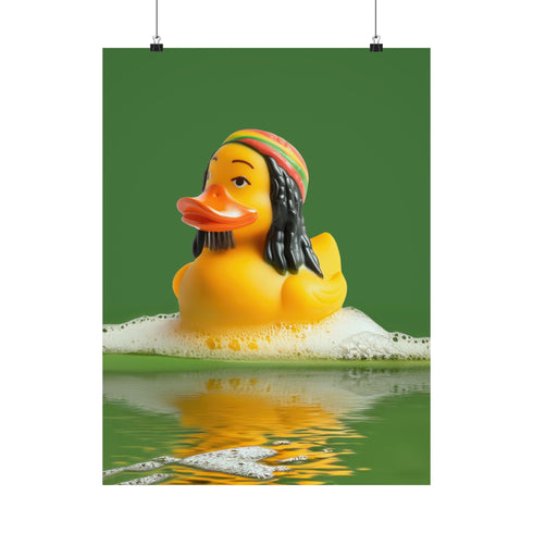 A fine art print of a rubber duck inspired by Marley, featuring black dreadlocks and a red-yellow-green beanie. The duck floats in bath bubbles with its reflection in green-tinted water. Displayed in a white and red frame on a soap-covered shelf in a bold red tile bathroom with a lightning-bolt soap dispenser.