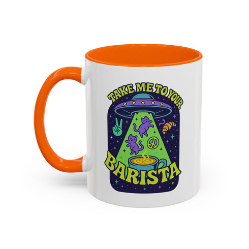 White ceramic coffee mug with a bright yellow handle and interior, featuring a printed alien abduction design with two purple cats, peace signs, and the phrase “Take Me to Your Barista” in green and purple text.