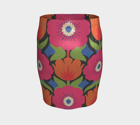 Form-fitting bodycon mini skirt with a mid-rise elastic waistband, falling to mid-thigh in smooth stretch fabric. It features a bold 70s pop art floral print: oversized hot pink flowers with cream scalloped centers, royal blue middles, and fine purple rays, beside a flaming orange tulip, royal blue geometric shapes, and olive green leaves on a black background. The all-over design is a flat dye-sublimated print in vibrant, high-contrast color, available in a smooth knit or glitter knit finish.