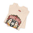 A short sleeve unisex crewneck t-shirt featuring a vintage style emblem graphic centered on the chest. The design features a red banner reading BAKE SALE above a black guillotine. Two crossed wooden rolling pins sit below the guillotine, above a layered pink and white cake with a cherry. The graphic is flanked by pink flowers, cherries, and stacks of gold coins. A bottom banner reads FOR THE GUILLOTINE FUND EST. WHENEVER THEY GOT TOO GREEDY. The shirt comes in light pink, cream, and blue.