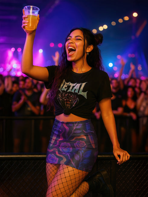 High-waisted mini skirt with dark botanical print featuring violet roses, fiery orange daggers, and swirling ribbon-like accents on a black background. Form-fitting silhouette with stretch eco-poly fabric and elastic waistband. Available in metallic glitter or smooth finish. A bold look for gothic, witchy, or alternative festival fashion.