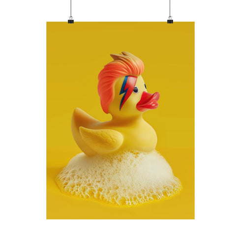 A retro-inspired print featuring a rubber duck styled after David Bowie’s Ziggy Stardust, complete with orange-red mullet and signature lightning bolt face paint. Surrounded by white bubbles, the piece is framed in soft purple and set on a wavy psychedelic wall in pink and orange.