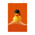 A fine art print of a rubber duck dressed like Alex from A Clockwork Orange, featuring a black bowler hat, blunt bob, and white suspenders. The duck floats in orange-tinged bubbles and is framed in white on a glossy pink tile bathroom shelf.
