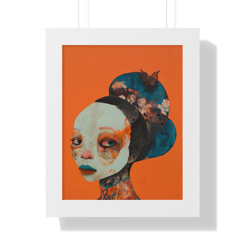 Avant-garde digital portrait of an African woman with striking features against a vivid orange background. An elaborate headdress of dark, floral elements creates a stunning contrast, embodying surrealist themes and African cultural motifs.