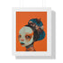 Avant-garde digital portrait of an African woman with striking features against a vivid orange background. An elaborate headdress of dark, floral elements creates a stunning contrast, embodying surrealist themes and African cultural motifs.