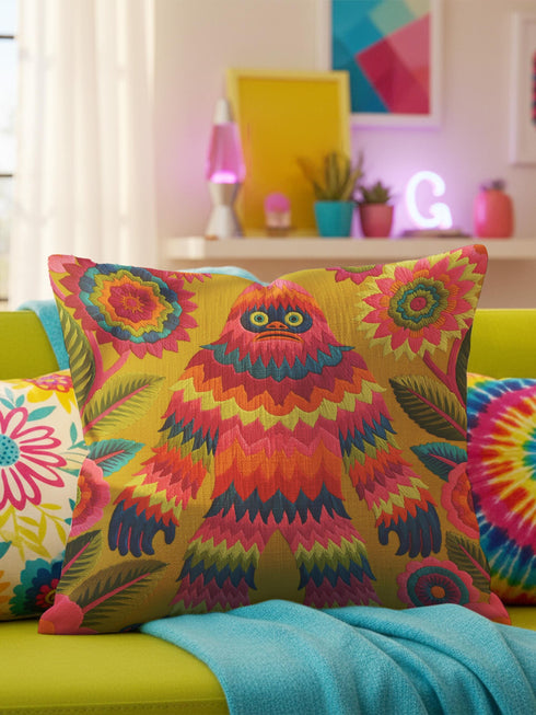 A square faux embroidery pillow featuring a brightly colored maximalist design against a mustard yellow background. In the center stands a stylized, furry Bigfoot or Sasquatch figure rendered in vibrant layers of pink, orange, blue, and lime green with a blue face and yellow eyes. The central creature is surrounded by large, detailed symmetrical pink and blue flowers and leaves. The flat printed fabric creates a highly realistic optical illusion of dimensional crewel embroidery stitches.