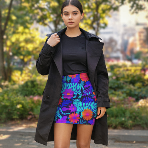 Honey Dazed tiger floral mini skirt in a neon jungle print with electric blue stripes, violet flowers, and lush tropical leaves. This fitted pencil silhouette is made with performance eco-polyester and hugs the body with a smooth, curve-enhancing stretch. High-waisted and fierce, this design channels wild energy, retro rave vibes, and maximalist jungle glam. A fearless standout piece for festival nights and bold daytime slayage.