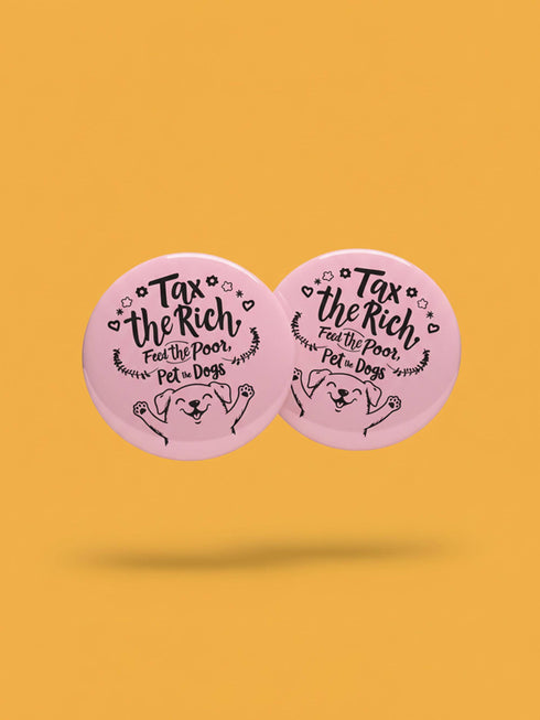 A collection of four retro-style 1.75 inch pinback buttons featuring the text "Tax the Rich" and "Pet the Dogs." Designs include: 1) A black pin with a crystal ball and gold filigree, 2) A pink pin with floral accents and a happy dog, 3) A black pin with a spooky chihuahua holding a bone, and 4) A black pin with a cute devil-horned puppy and lavender banner. High-gloss finish with psychedelic 70s typography. Perfect for battle vests or backpacks. Funny anti-capitalist dog lover gift.