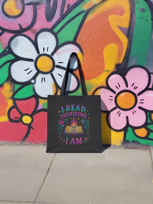 Tote bag with the phrase “I Read Therefore Therefore I Am” in colorful pastel goth style, featuring a flaming book, flowers, and sparkles. The bag is shown in both black and natural canvas colorways, styled in urban, punk, and colorful street art settings. Bold, bookish, and maximalist, this canvas tote is designed for readers with style, perfect for everyday use, literary gifting, or alternative fashion lovers.