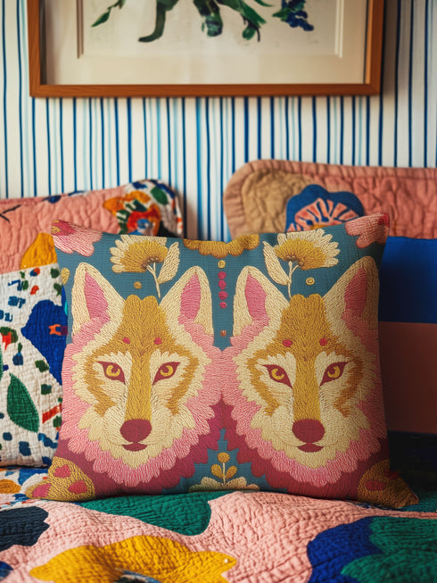 Maximalist pillow cover featuring mirrored twin wolves framed by floral folk-art motifs. Linen-feel textured polyester with saturated double-sided print in gold, blush, coral, teal and mustard on a deep ground. Hidden zipper; machine-washable. Available in 18x18 and 22x22 inches. Pillowcase only. Whimsigoth, lodgecore, alt animal décor.