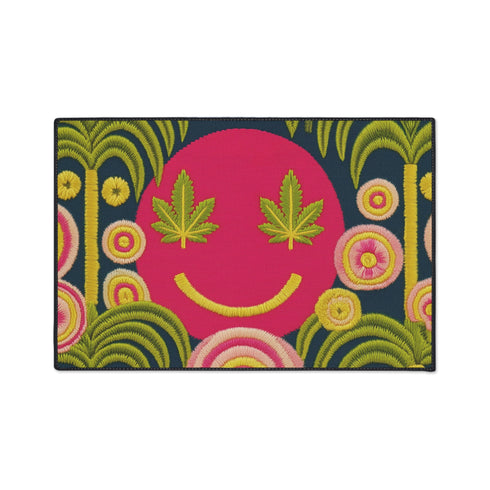 A rectangular doormat featuring a large hot pink smiley face on a deep teal background. The smiley face has green cannabis leaves for eyes and a yellow stitched-style smile. The central face is surrounded by stylized green foliage arches and concentric circles in pink, yellow, and white, resembling abstract flowers. The design mimics a vintage needlepoint or tapestry texture but is a flat print. The mat has a solid black trim border.
