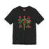 Black unisex t-shirt with "MY BODY MY RIGHTS" design featuring neon green female figure filled with vibrant pink and red flowers. Feminist pro-choice shirt with colorful text, available in cotton-poly blend, sizes S-3XL.