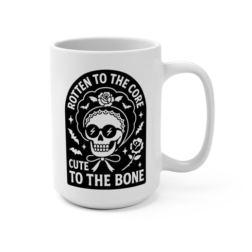 Gothic Rotten to the Core Skull Mug, 15oz Ceramic Pastel Goth Skeleton Coffee Cup; ideal for quirky gothic gift lovers seeking unique, expressive kitchenware. Perfect for goth enthusiasts.