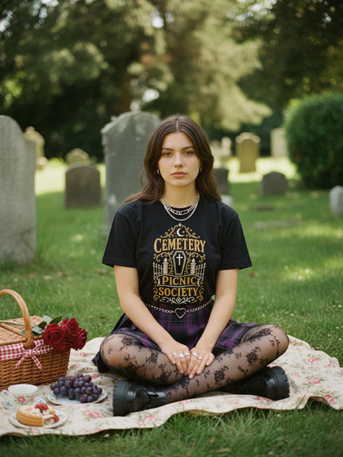 A black unisex crewneck graphic t-shirt featuring an ornate Victorian-inspired emblem printed on the chest in vintage gold and off-white. The centralized, symmetrical design showcases a classic coffin with a cross on the lid, flanked by wrought-iron cemetery gates. Beautiful scrollwork and decorative filigree flourishes surround the bold, retro serif text reading CEMETERY PICNIC SOCIETY. A crescent moon and stars sit at the top, completing this gothic memento mori graphic shirt.