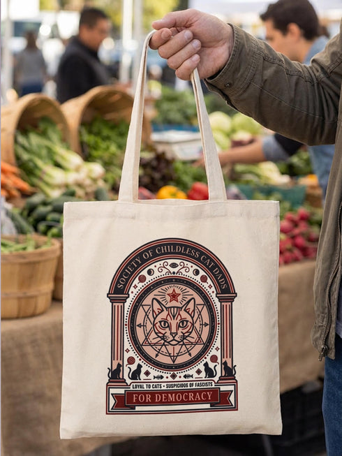 A beige canvas tote bag featuring a vintage-style circular crest design in rust orange and black. The text reads "Society of Childless Cat Dads" in an arch over a central illustration of a tabby cat face inside a geometric star and hexagon symbol. Below the cat, the text reads "Loyal to Cats, Suspicious of Fascists." A banner at the bottom reads "For Democracy." The design features occult and whimsigoth elements like crescent moons, columns, and fish bones.