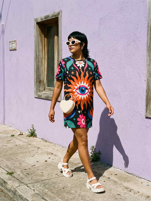 A short-sleeve, above-the-knee t-shirt dress with a straight, structured fit. The dress has a true black background featuring a bold, vibrant graphic pattern. The center displays a large blue and white evil eye surrounded by a bright orange wavy sunburst with a white jagged border. Above and below the eye are bright pink daisy flowers with orange centers, scattered white four-petal stars, and wavy blue and teal green leaf shapes. The fabric is thick, smooth, and holds its clean shape.