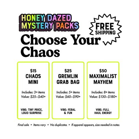 A curated alternative style bundle from Honey Dazed, available as a mystery box gift for her. This aesthetic grab bag is personalized to a chosen vibe, such as goth and pretty, psychedelic groovy, maximalist mayhem, alt skater gremlin, or weirdcore. Each surprise pack contains a high-value assortment of unique items like women's apparel, accessories, jumbo stickers, enamel pins, patches, and alternative home decor. Perfect as a birthday gift, a personalized care package, or a surprise box.