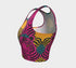 Vibrant Y2K maximalist crop top featuring bold pink tiger faces, tropical leaves, and geometric patterns in bright magenta, yellow, teal, and black colors. Perfect festival rave wear, alternative fashion, and retro summer styling for women who love aesthetic streetwear and unique animal print outfits