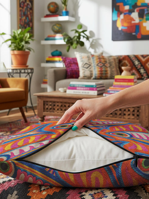 Flat printed square throw pillow cover featuring a faux embroidery texture. The vibrant maximalist design showcases stylized blue, pink, yellow, and white fish swimming in a dynamic, swirling pattern across a bright orange background. The artwork mimics heavy crewelwork yarn and stitching, but the material is a smooth 2D flat print. The pillow is shown as a finished square cover, designed to add bright, colorful eclectic fisherman aesthetic decor to any sofa or seating area.