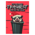 A humorous holiday card featuring a cartoon possum popping out of a trash can, wearing a Santa hat with fangs bared. The text at the top reads "It's the most trashiest time of the year," adding a playful and quirky twist to the holiday season.