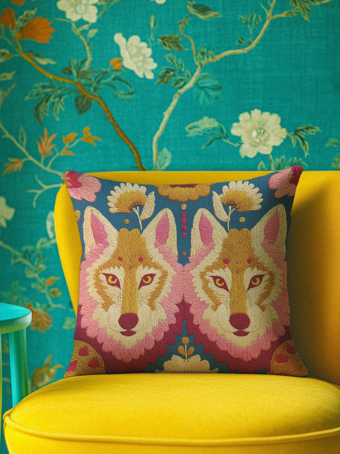 Maximalist pillow cover featuring mirrored twin wolves framed by floral folk-art motifs. Linen-feel textured polyester with saturated double-sided print in gold, blush, coral, teal and mustard on a deep ground. Hidden zipper; machine-washable. Available in 18x18 and 22x22 inches. Pillowcase only. Whimsigoth, lodgecore, alt animal décor.