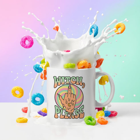 White ceramic 11oz coffee mug with a bold retro design that says “Witch, Please” above a drippy melting hand giving the middle finger.