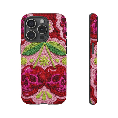 Faux Crochet Cherry Skull Phone Case | Pastel Goth Macabre Matte Cover