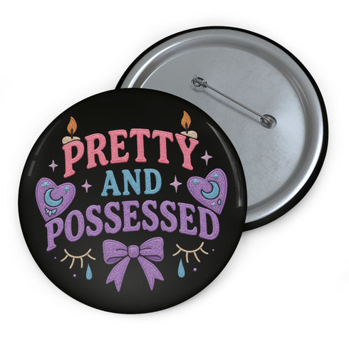 Glossy black pinback button with pastel-colored embroidered-style text that reads “Tell Me to Smile and I’ll Scream,” with lips icon and star accents.