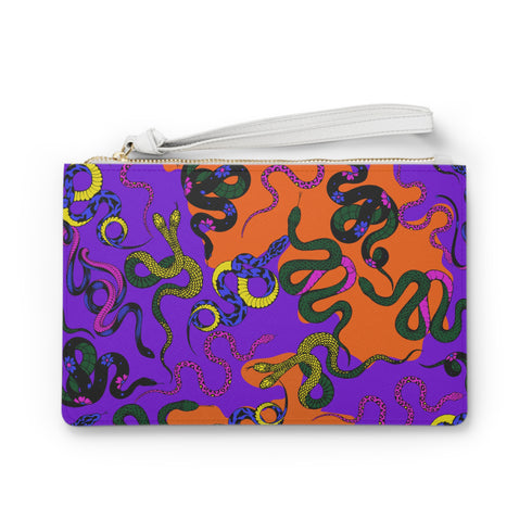 Rectangular wristlet clutch featuring vibrant purple and orange background with colorful snake prints. White strap and gold zipper visible.